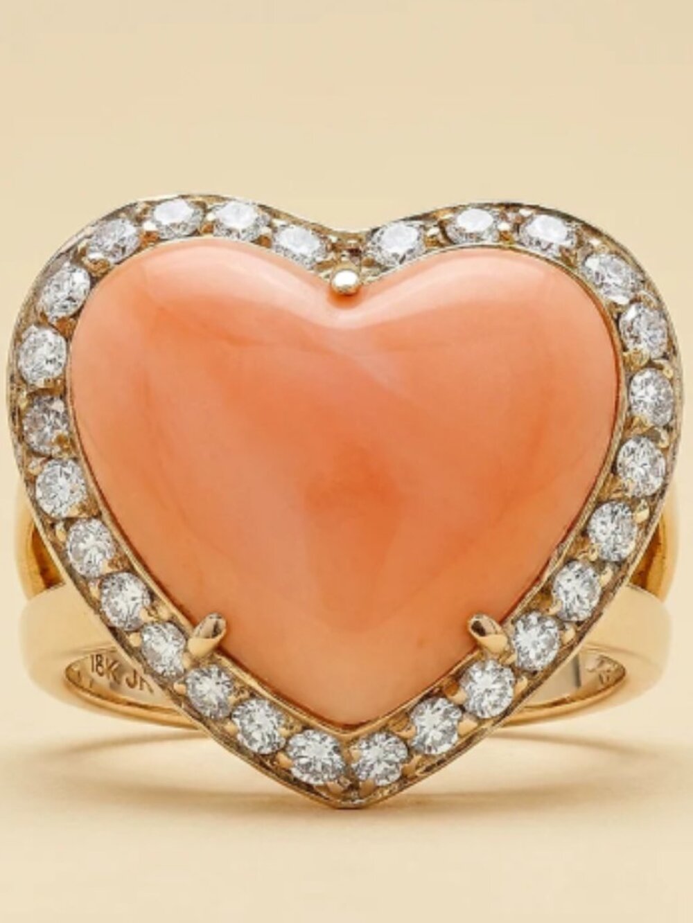 18k White Gold Pink Coral Heart and Diamond Heart Ring